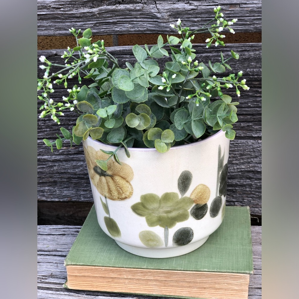 Crown Lynn Ironstone Boho Planter with floral motif Ceramic golden yellow green - Picture 2 of 16